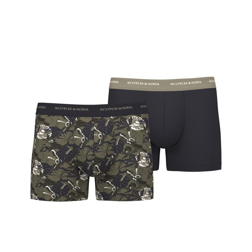 Scotch And Soda 2 Pack Mens Iconic Aop Boxers Black Olive Trunks And