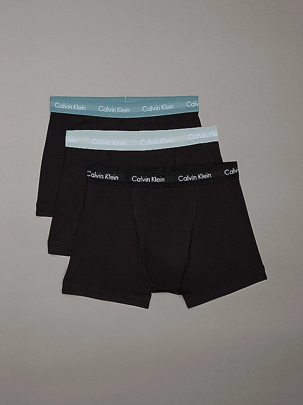 Calvin Klein 3 Pack Cotton Stretch Trunks, B- Black, Shade, Slate Turq Wbs