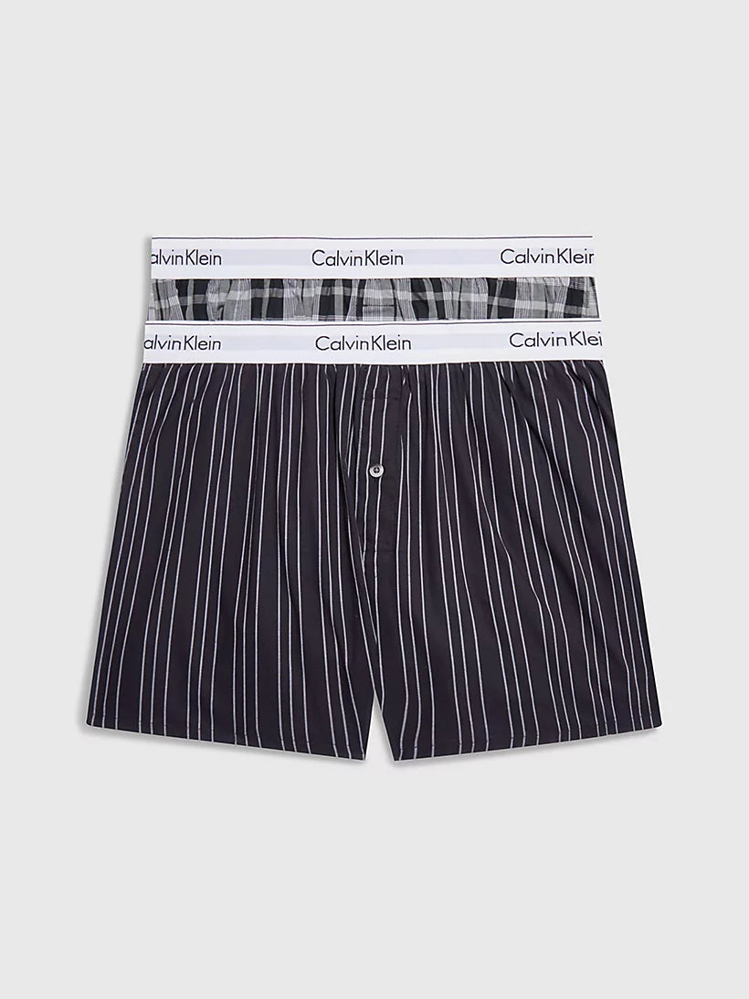 Calvin Klein 2 Pack Slim Fit Woven Boxers 100% Cotton - Ryan Stripe / Hickory Plaid