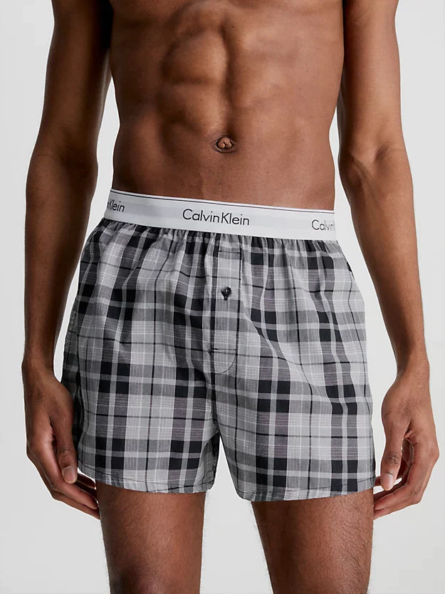 Calvin Klein 2 Pack Slim Fit Woven Boxers 100% Cotton - Ryan Stripe / Hickory Plaid