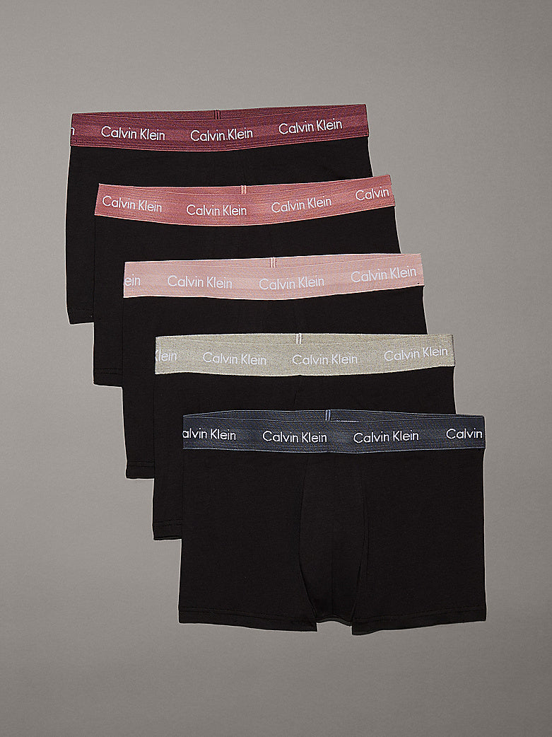 Calvin Klein 5 Pack Cotton Stretch - Low Rise Trunks, Black with Coloured Waistbands