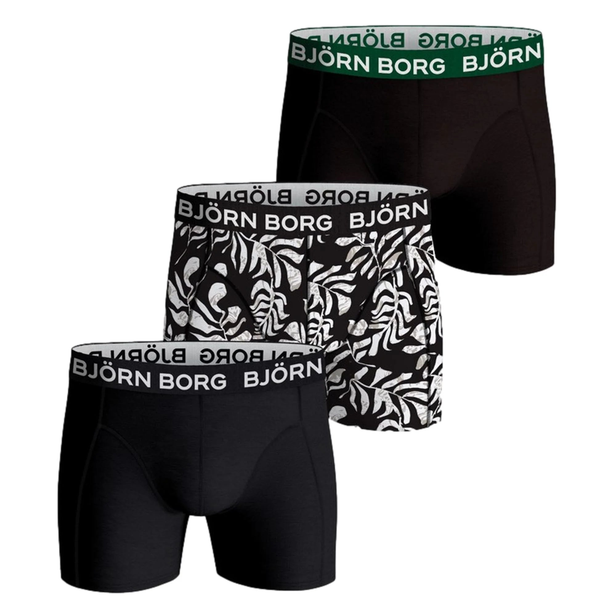 Bjorn Borg Cotton Stretch Boxer 3 Pack - Black Leaf Print / Black