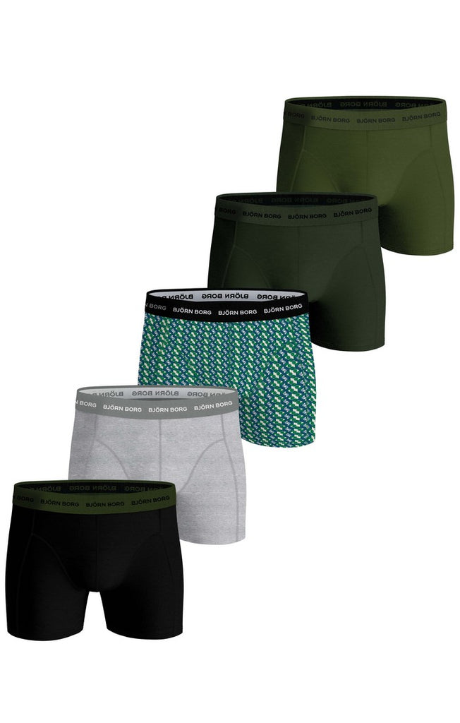 Björn Borg 5 Pack Cotton Stretch Boxers - Olive/Green/Grey/Black Print