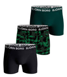 Bjorn Borg Cotton Stretch Boxer Trunks 3 Pack - Black, Green, Print