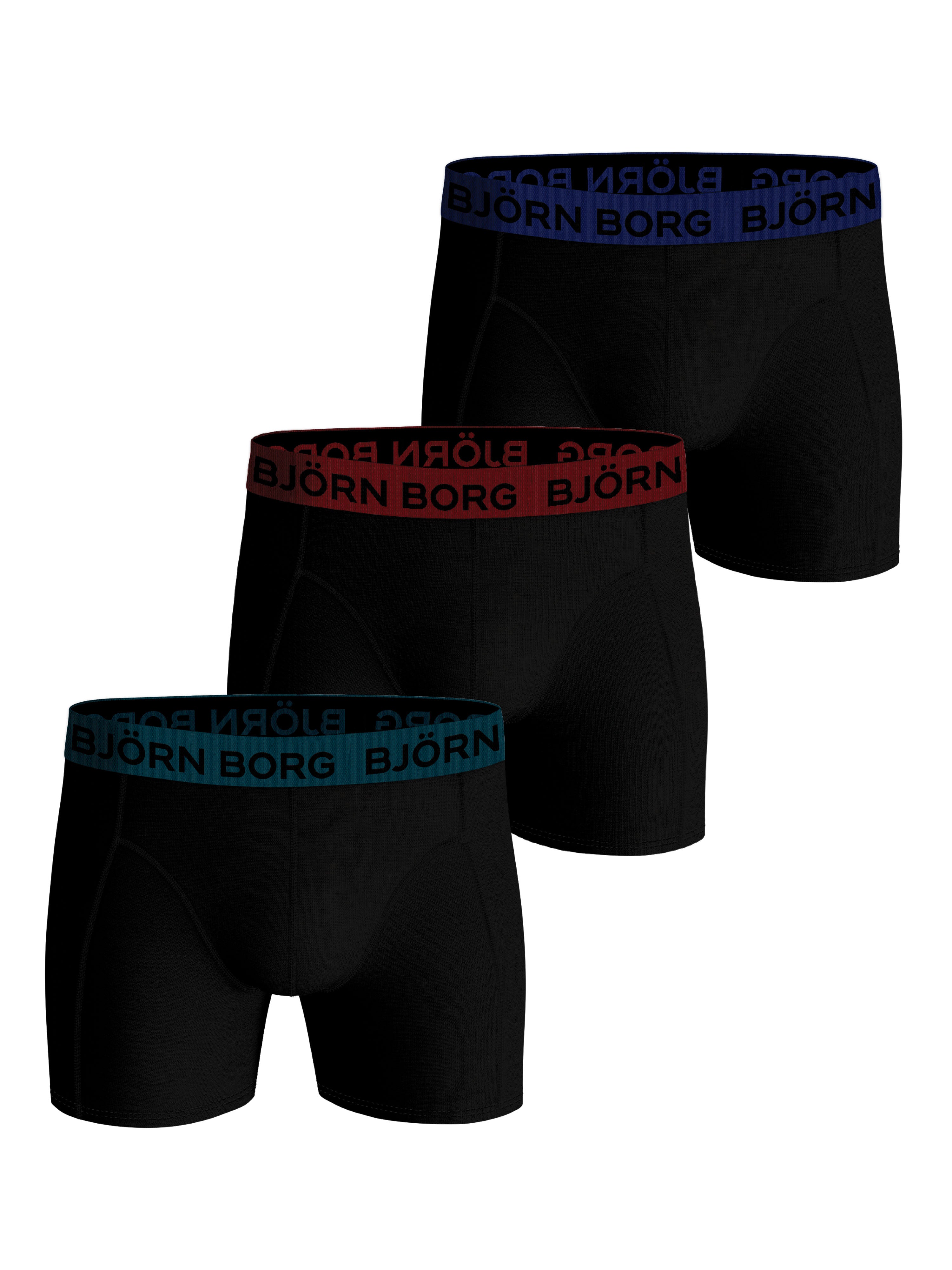 Bjorn Borg Cotton Stretch Boxer Trunks 3 Pack - Black, Contrast Waistbands