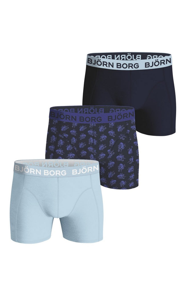 Bjorn Borg Cotton Stretch Boxer Trunks 3 Pack - Black,Navy Print, Blue