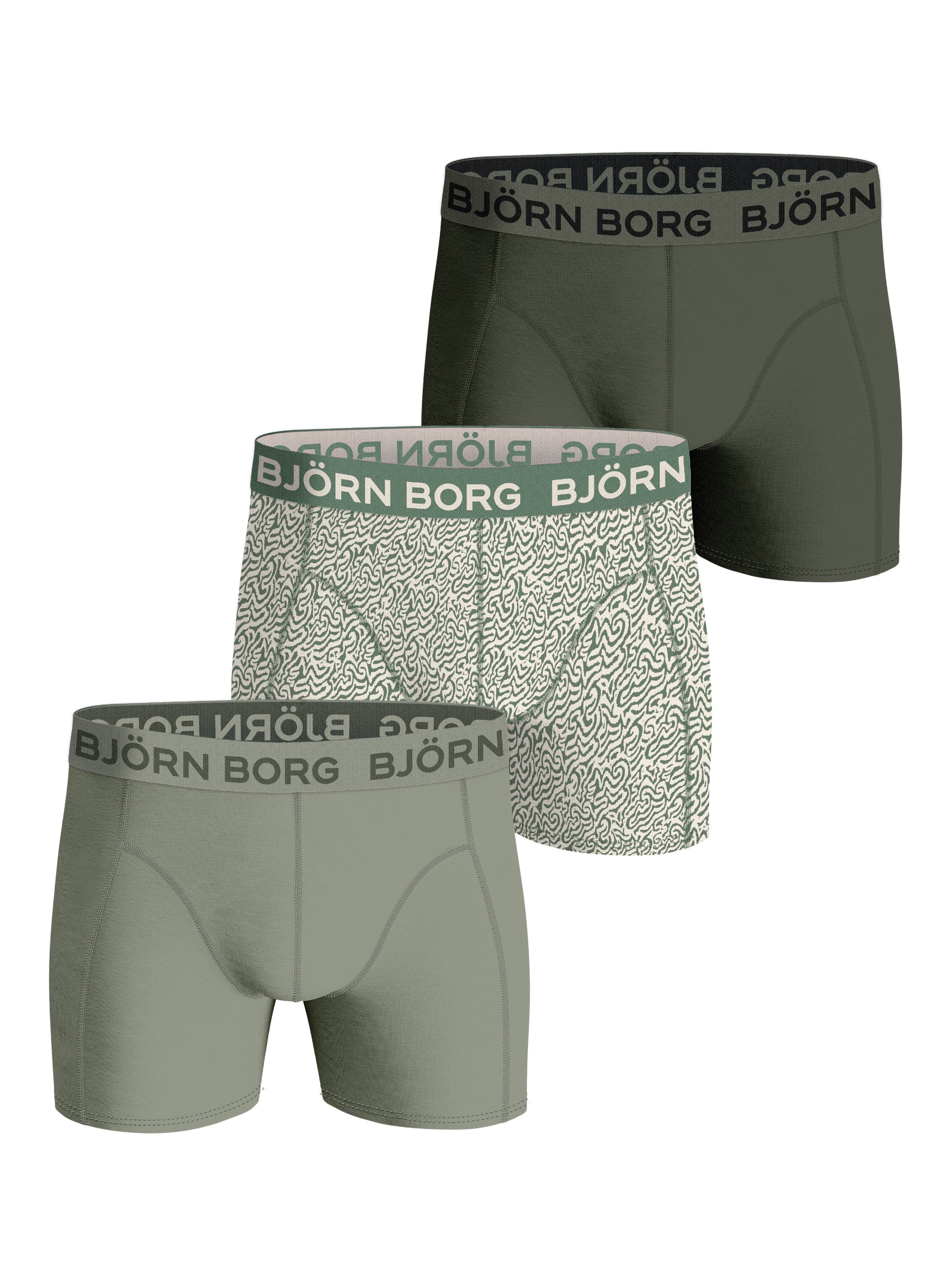 Bjorn Borg Cotton Stretch Boxer Trunks 3 Pack - Olive, Print