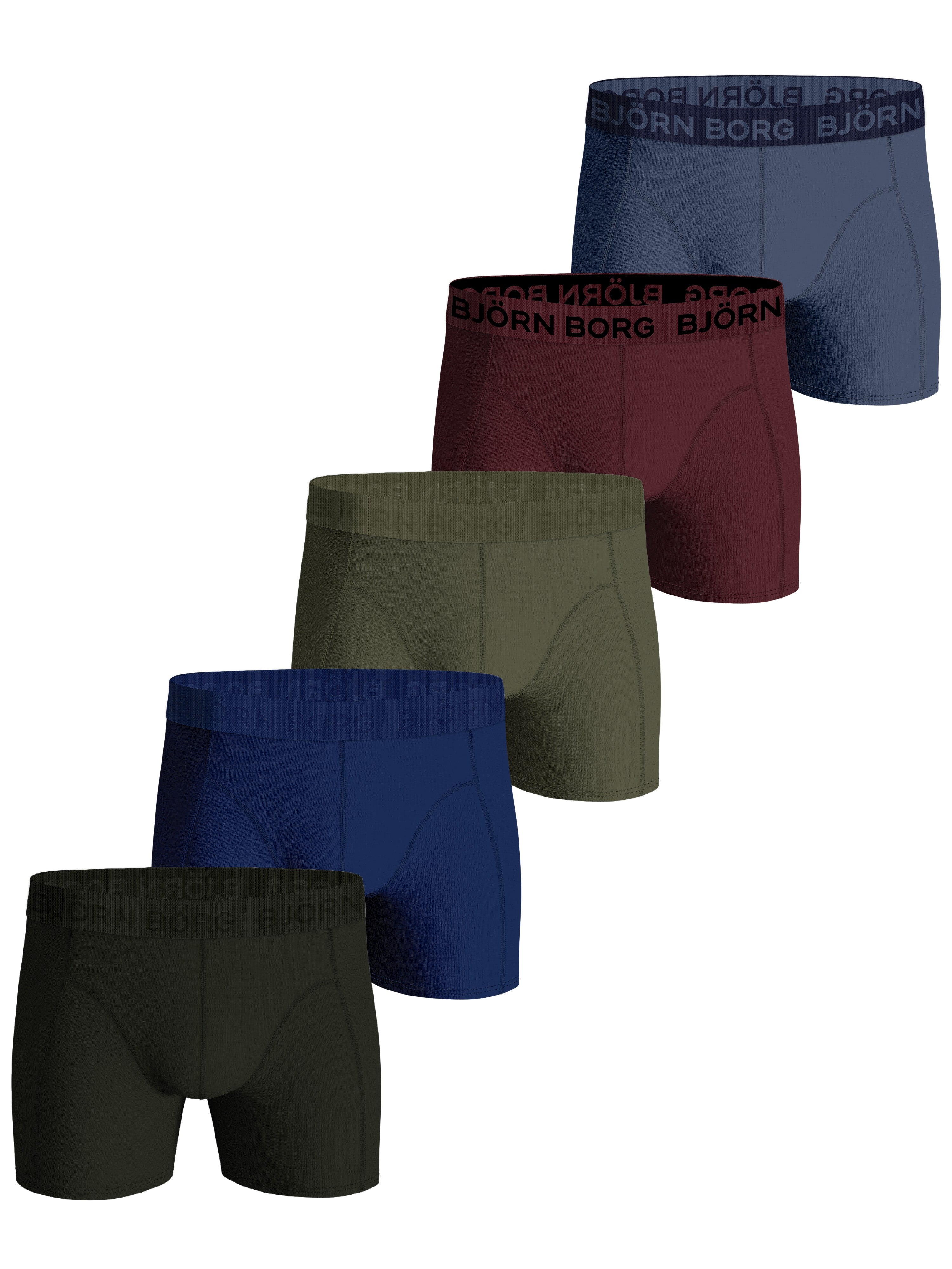 Björn Borg 5 Pack Cotton Stretch Boxers - Red/Blue/Navy/Green/Olive