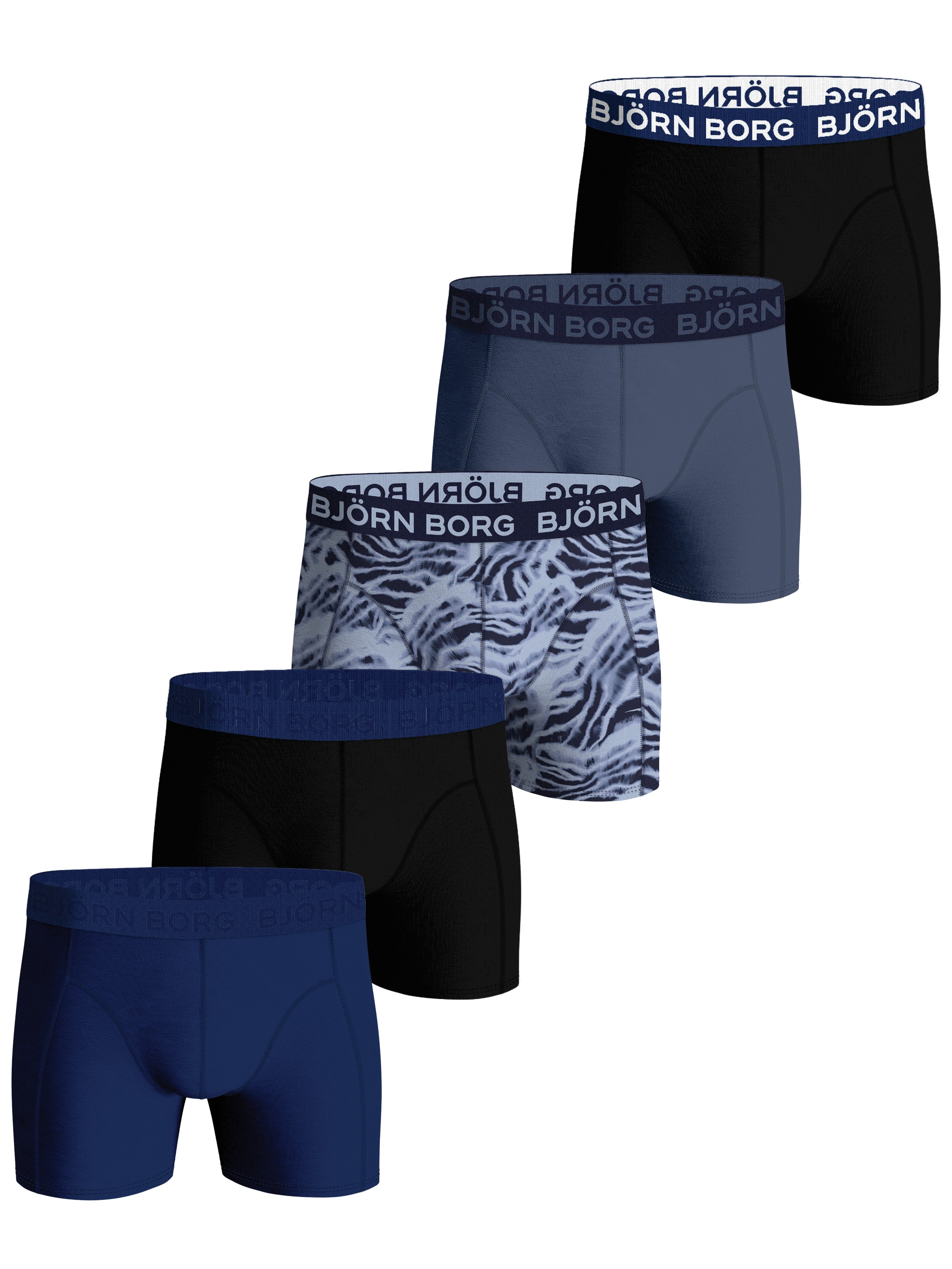 Björn Borg - 5 Pack Cotton Stretch Boxers - Blue/Black/Navy/Blue Print