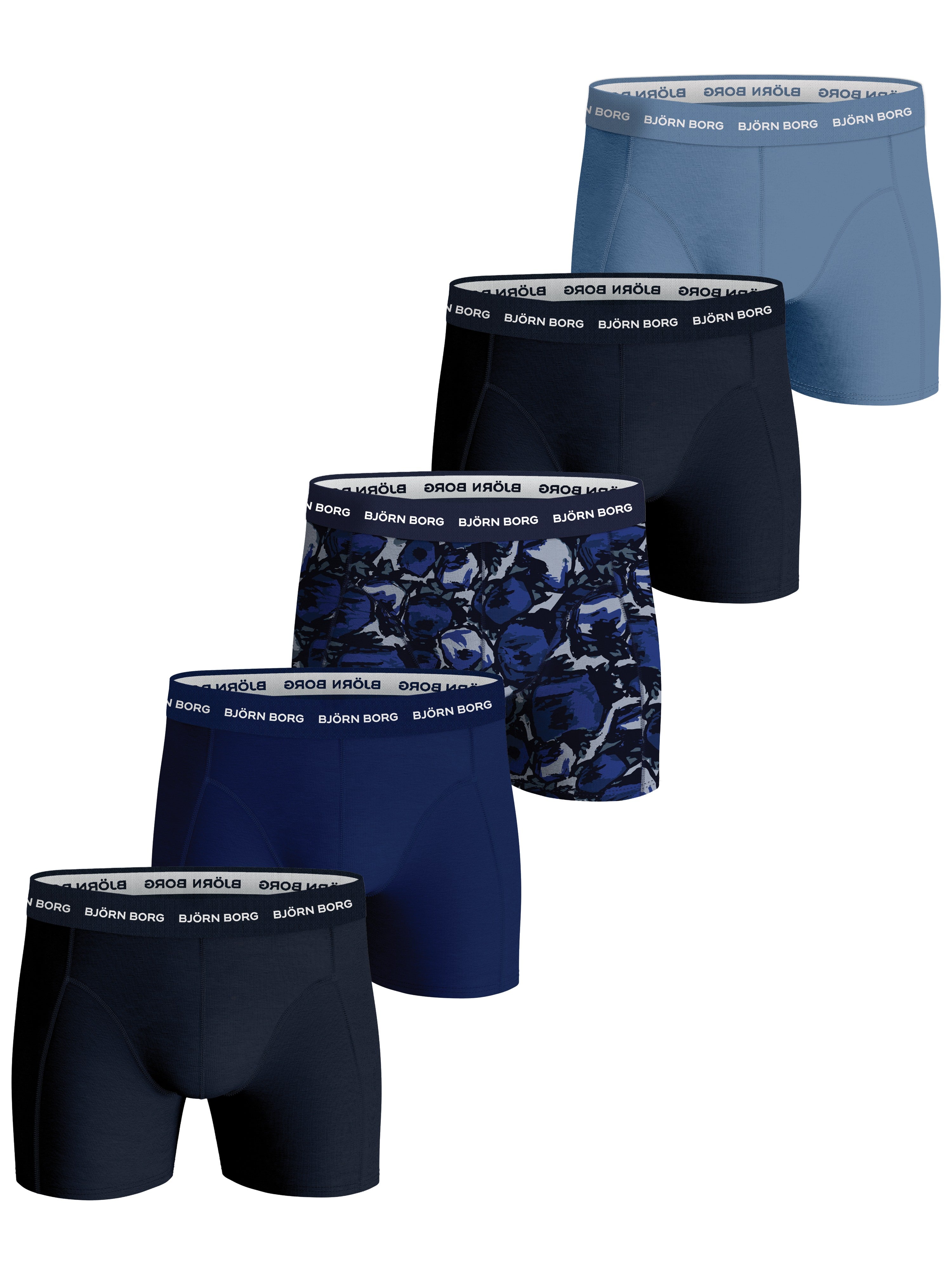 Björn Borg 5 Pack Cotton Stretch Boxers - Blue/Navy/Black Print