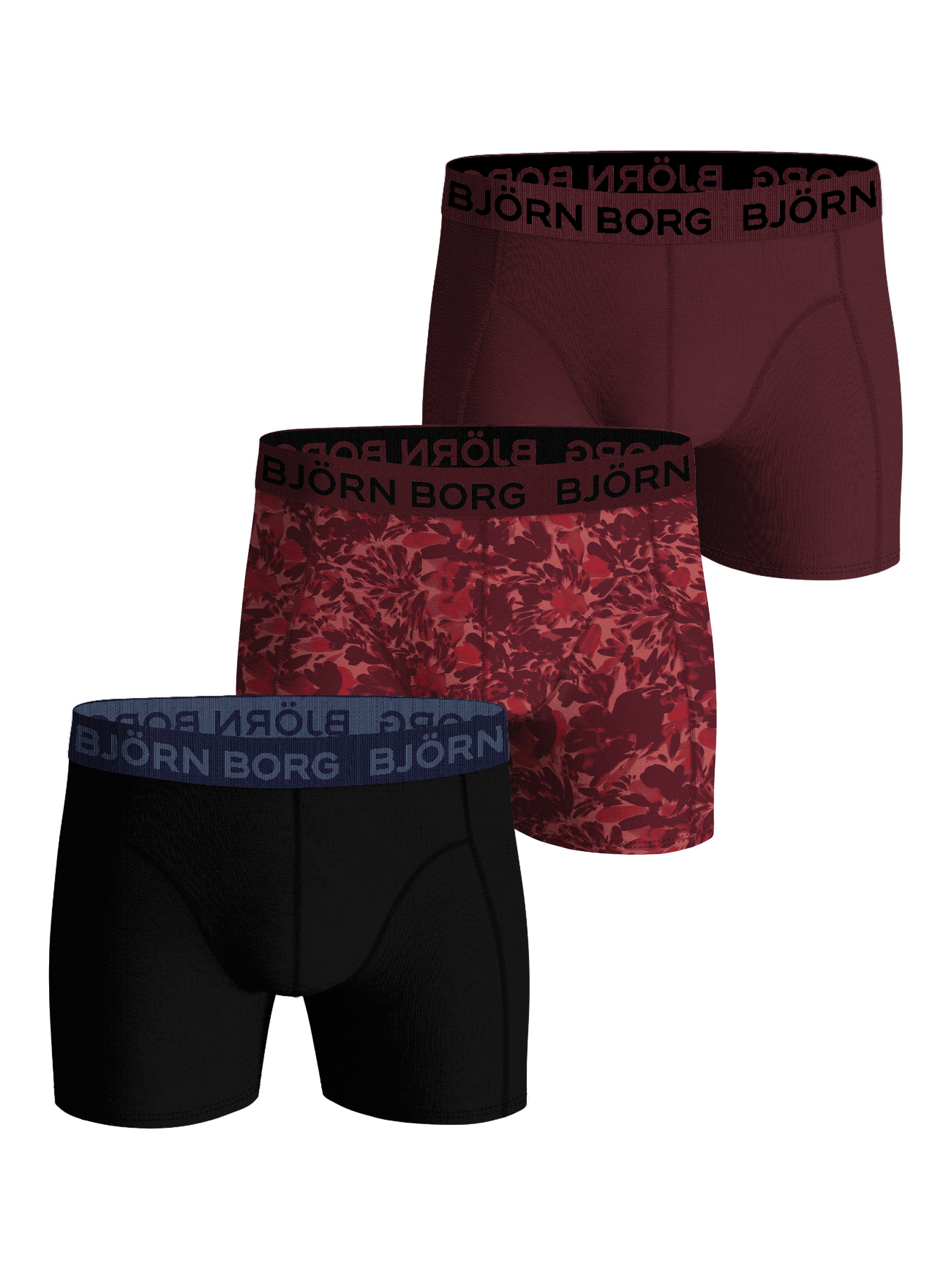 Björn Borg 3 Pack Cotton Stretch Boxers - Burgundy/Black/Burgundy Print