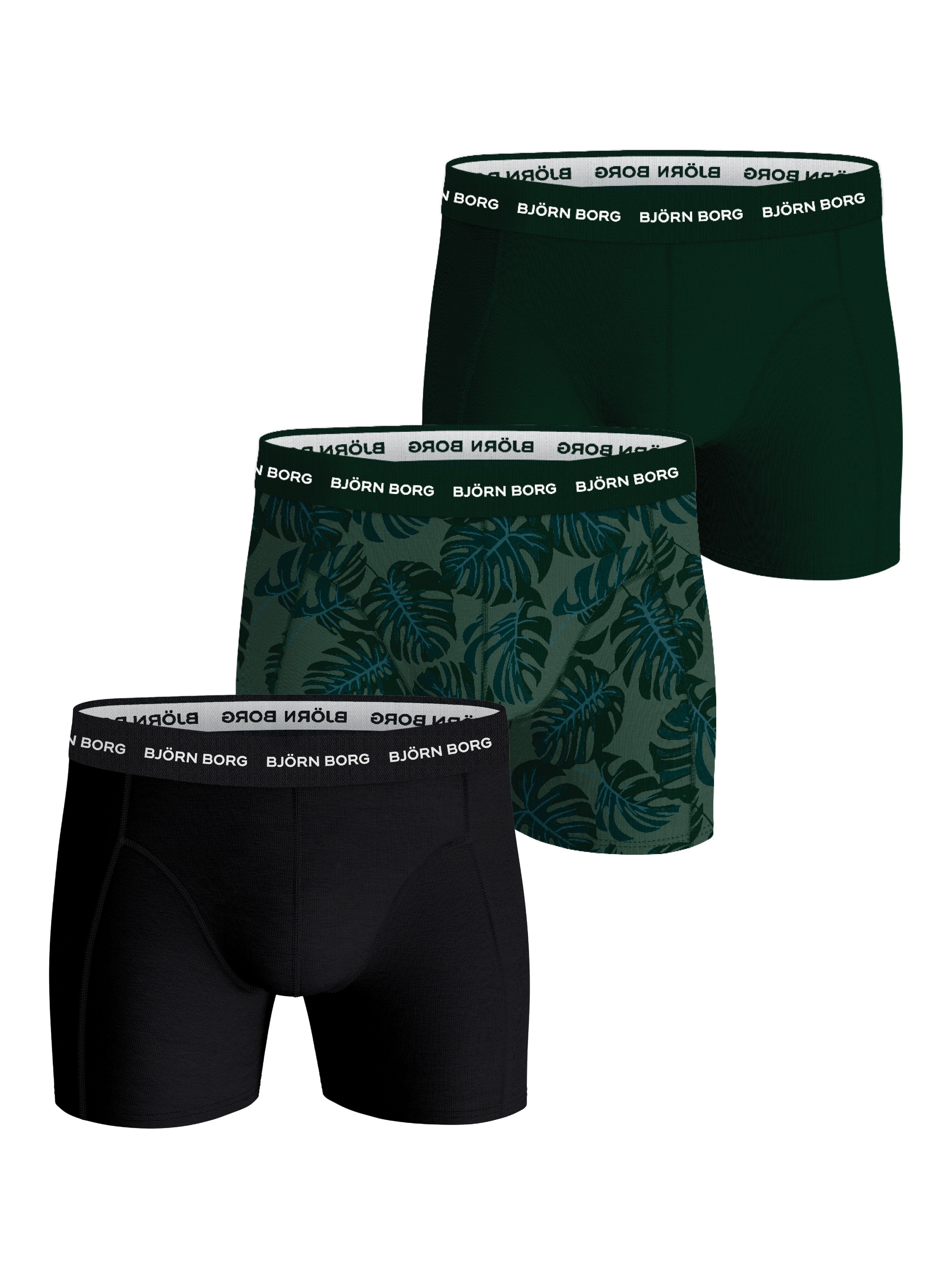 Björn Borg 3 Pack Cotton Stretch Boxers - Black/Green/Green Print