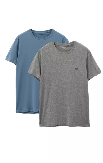 Emporio Armani 2 Pack Lounge Stretch-Cotton Crew T-Shirts - Blue / Grey