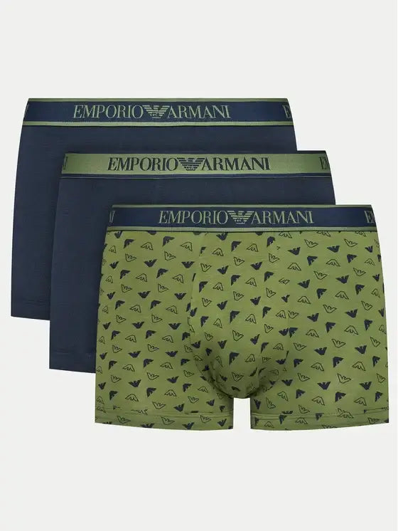 Emporio Armani 3 Pack Trunks Stretch Cotton - Blue / Green Pattern / Blue