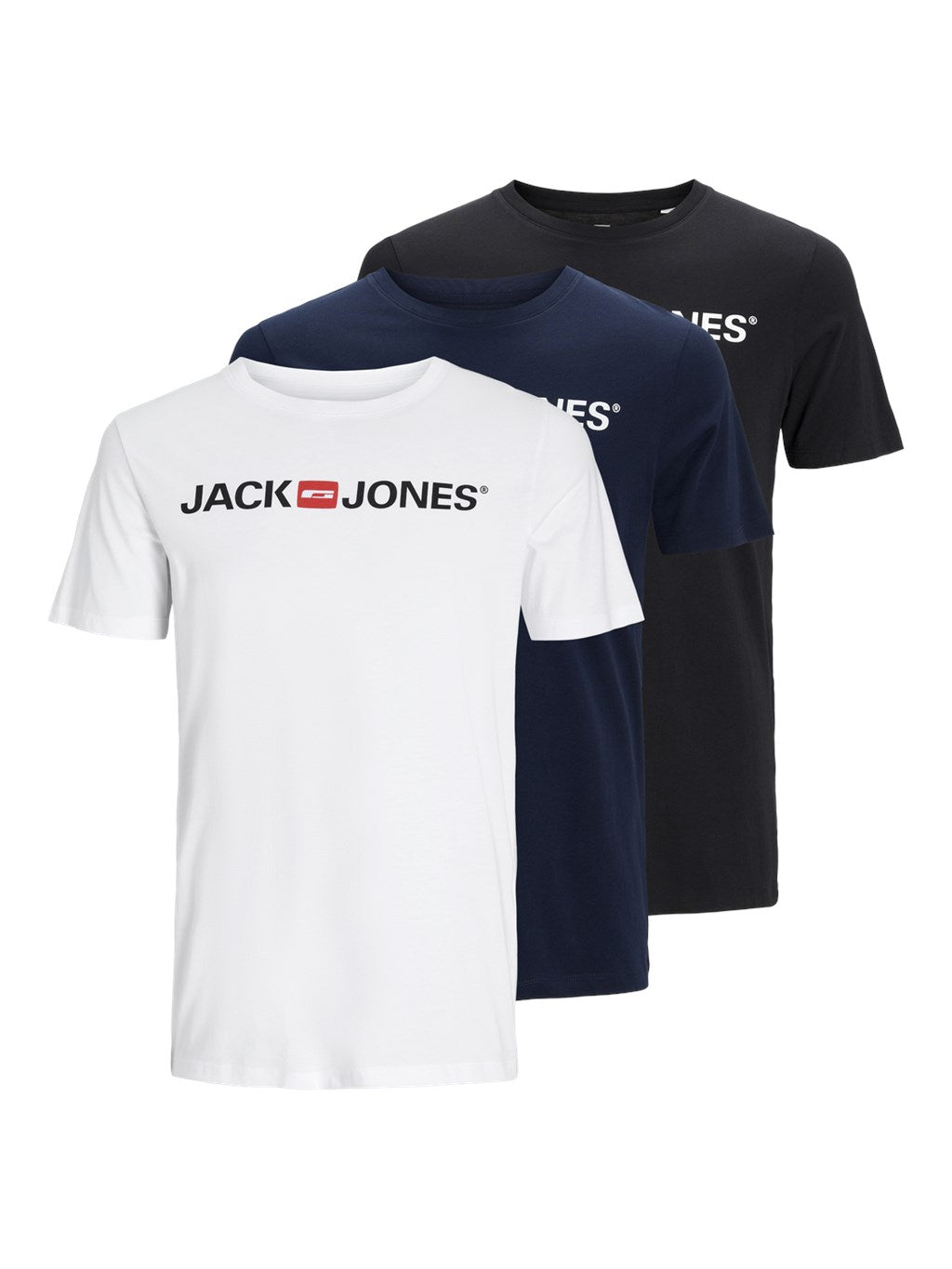 Jack & Jones 3 Pack JJECORP Crew Neck T-Shirts - White/Navy/Black