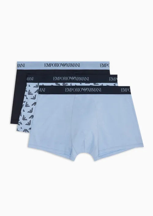 Emporio Armani 3 pack Pure Cotton Low Rise Trunks - Navy, Blue All Over Logo