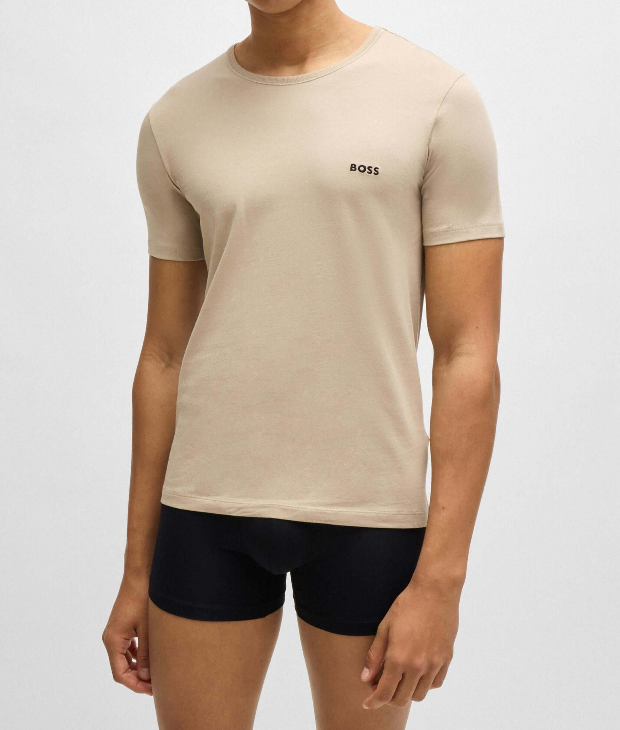 Boss 3 Pack Cotton Underwear T-Shirts With Logo Embroidered - Beige/navy/khaki