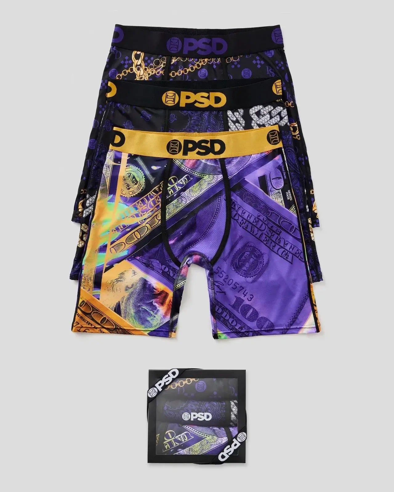 PSD Men's 3 Pack 7" Boxer Briefs - Purple & Gold