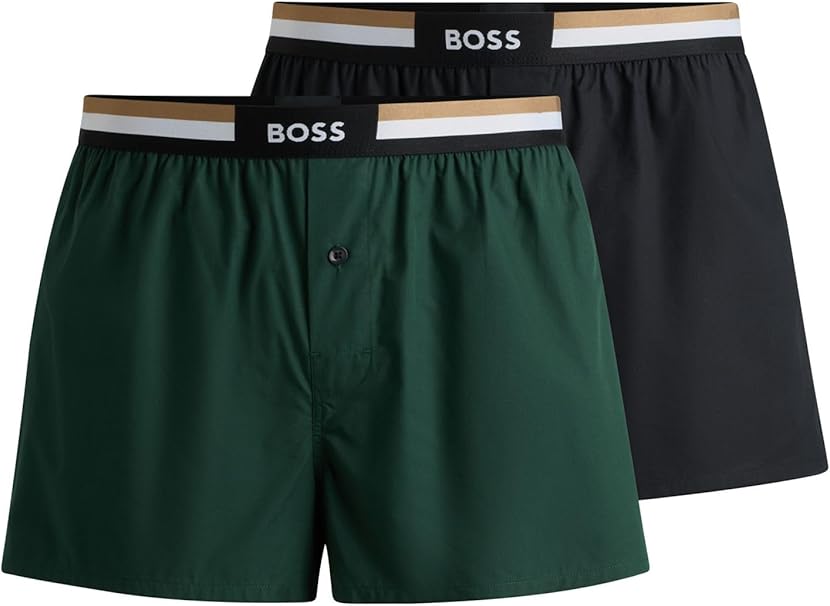 Boss Two-Pack Woven Boxers / Pyjama Shorts in Cotton Poplin - Green / Black