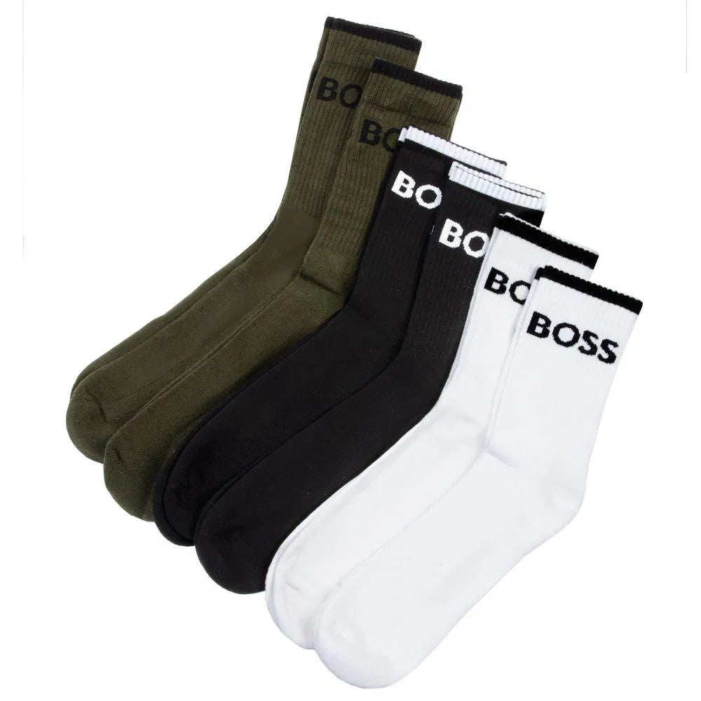 BOSS Signature Stripe Cotton Crew Socks Black/White/Olive (6 Pack)