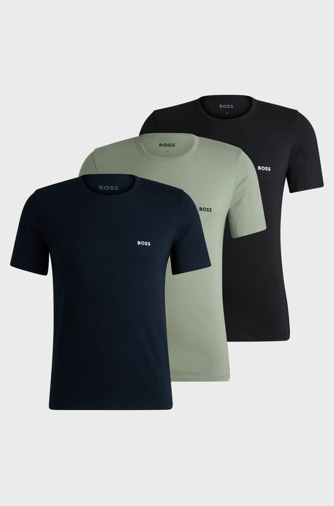 Boss 3 Pack Cotton Underwear T-Shirts With Logo Embroidered - Black / Green / Blue