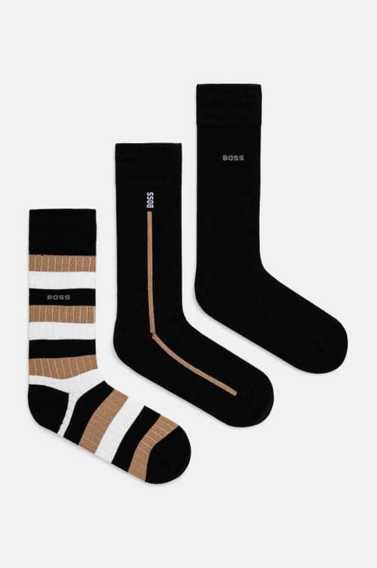 Boss 3 Pack Fine Rib Crew Socks - Black / Beige