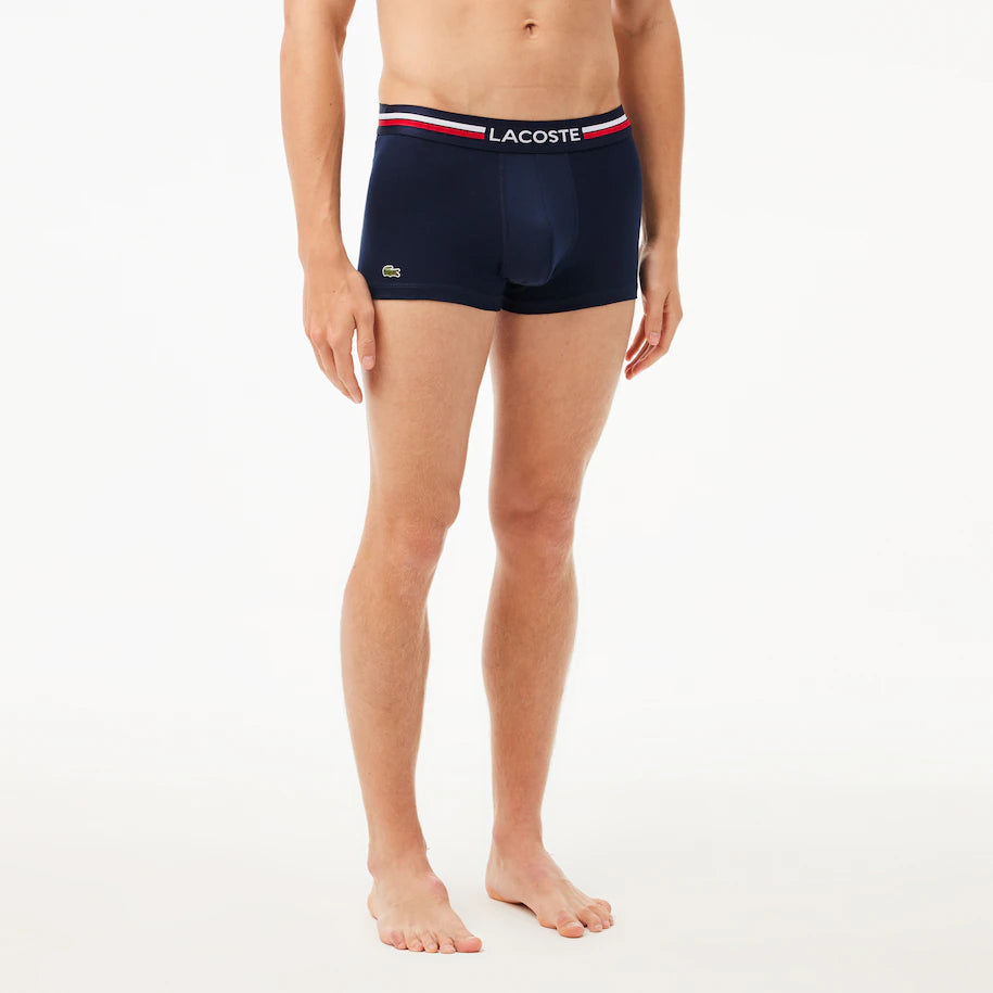 Lacoste 3 Pack Iconic Trunks With Tricolor Waistband - Navy Blue/ Grey Chine/ Red