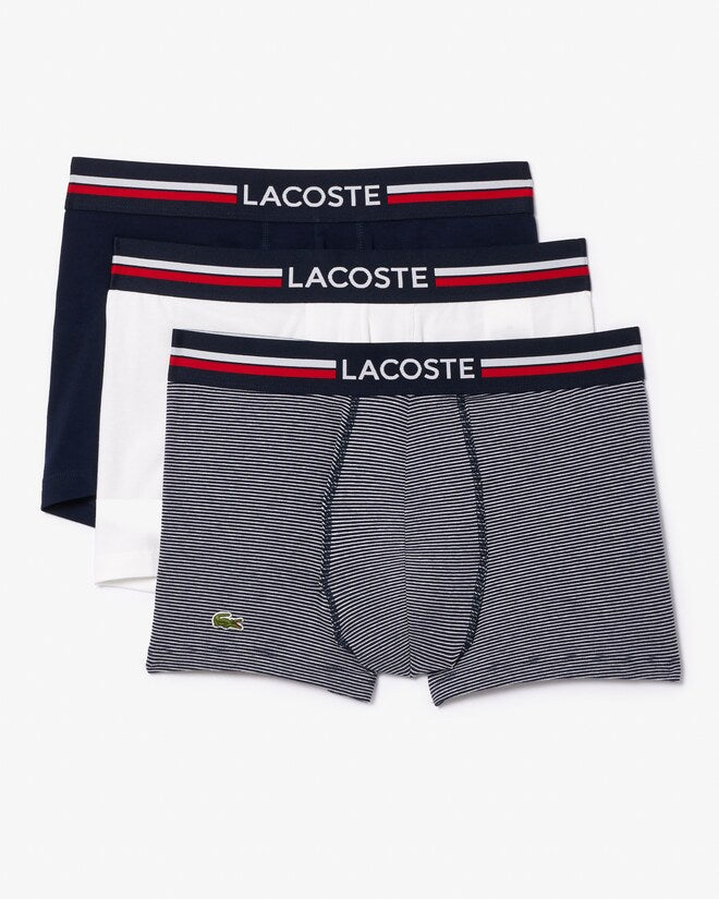 Lacoste 3 Pack Iconic Trunks With Tricolor Waistband - Navy Blue / White