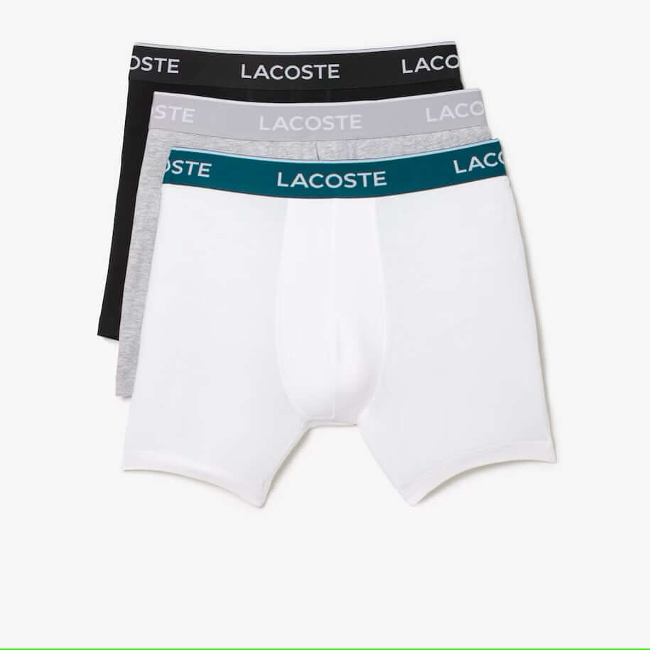 Lacoste Men's Stretch Cotton Boxer Briefs 3 Pack- Black / White / Grey Chine NUA