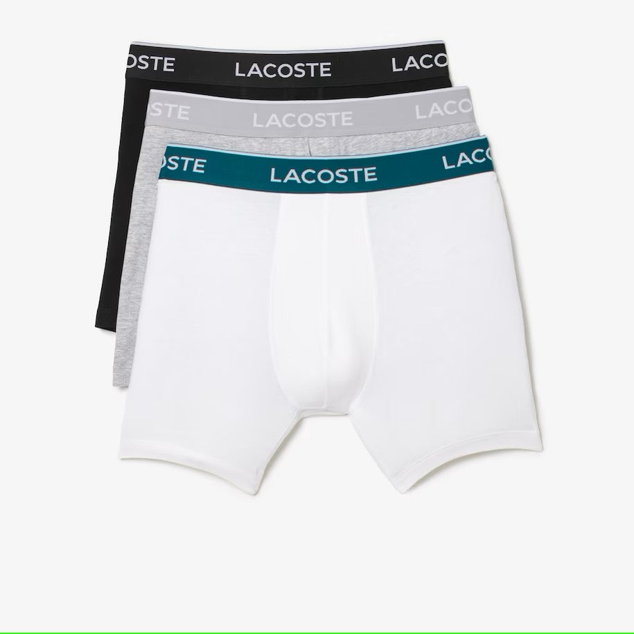 Lacoste Men's Stretch Cotton Boxer Briefs 3 Pack- Black / White / Grey Chine NUA