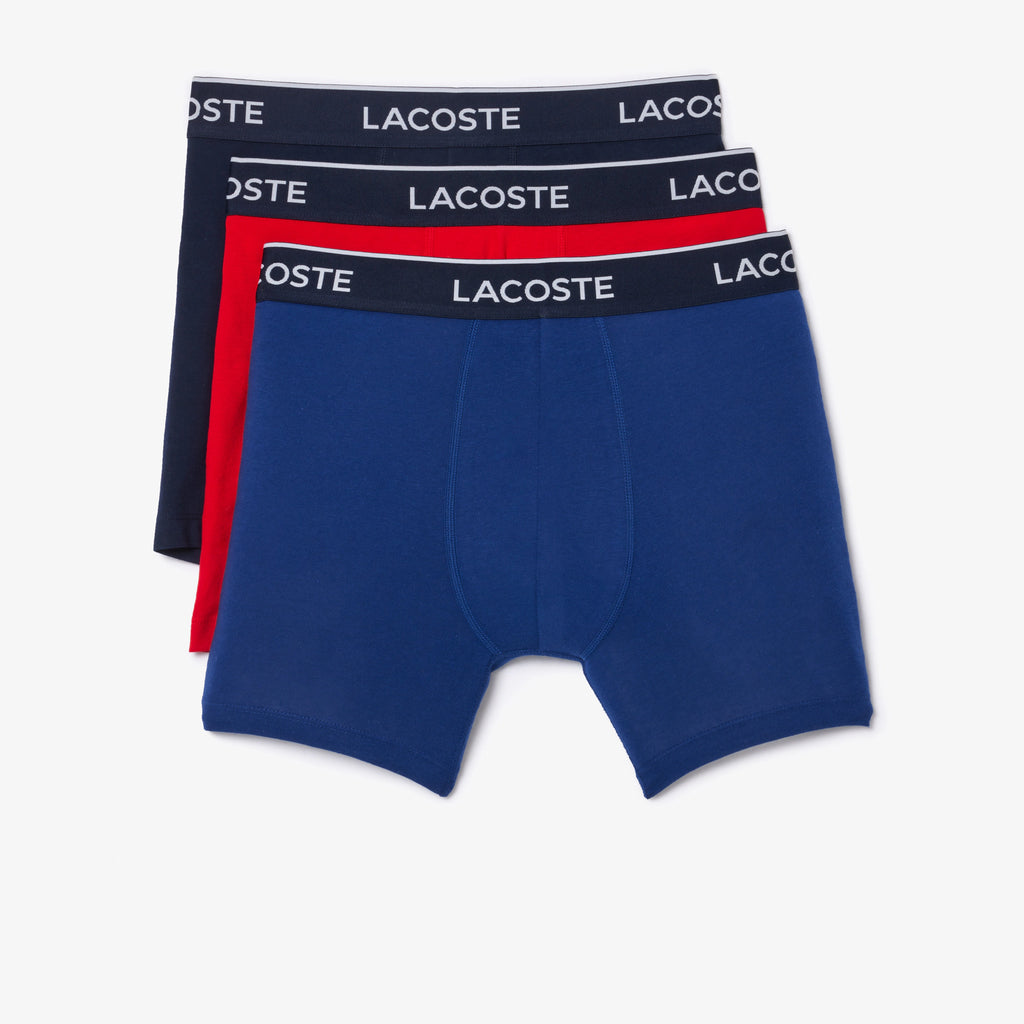 Lacoste Men's Stretch Cotton Boxer Briefs 3 Pack- Navy Blue / Red / Blue