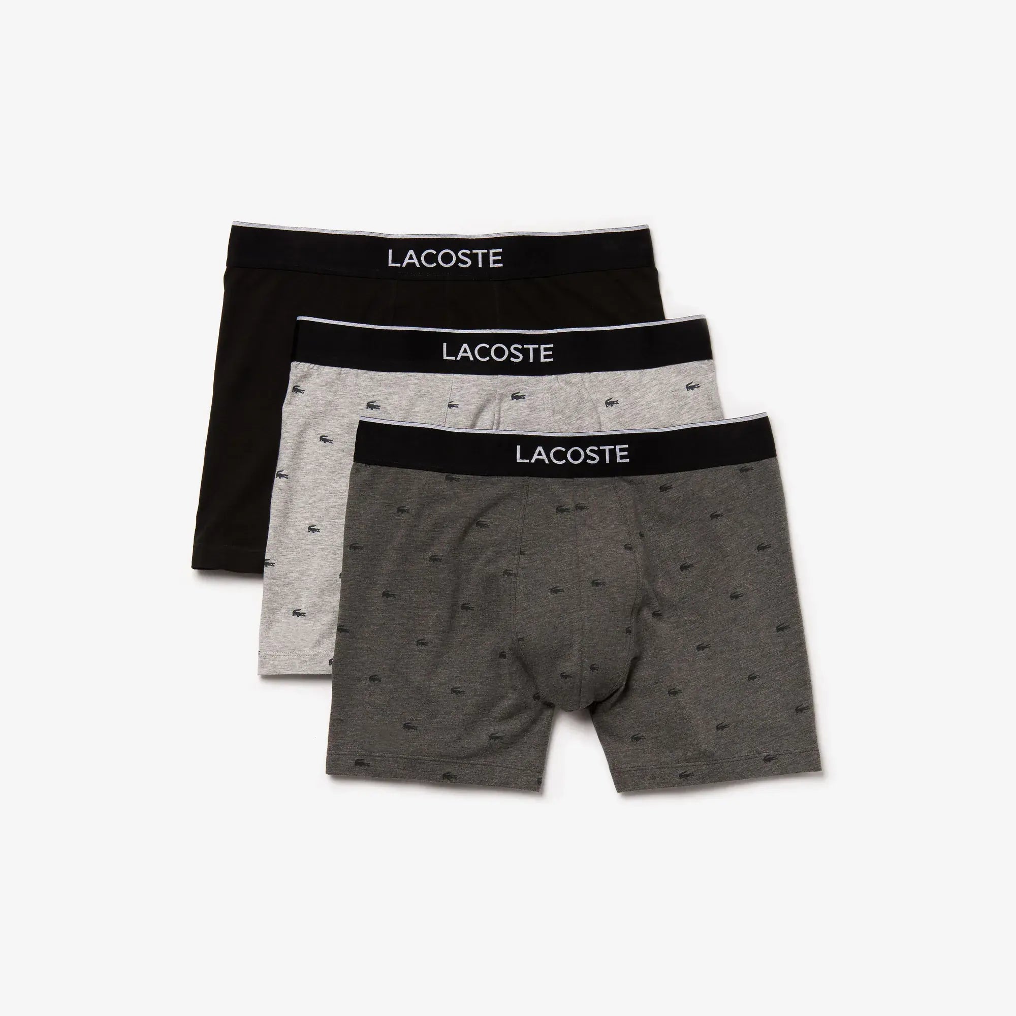 Lacoste Men's Stretch Cotton Boxer Briefs 3 Pack- Black / Grey Print