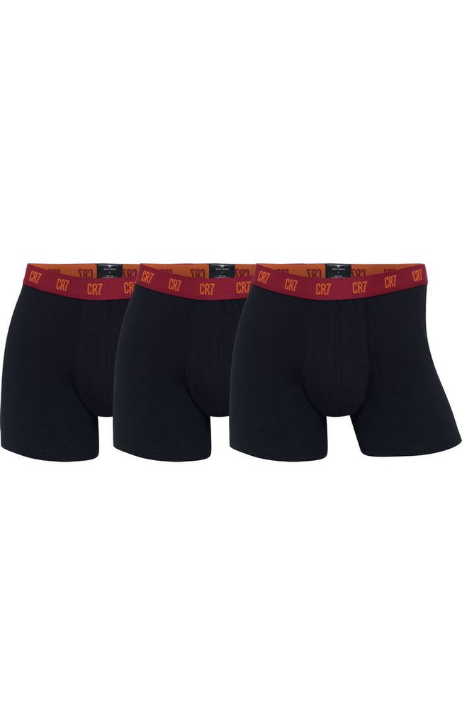 CR7 Men's 3 Pack Cotton Trunks - Black with Marron Waistband