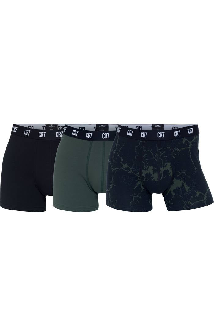 CR7 Men's 3 Pack Cotton Trunks - Black with Green Design