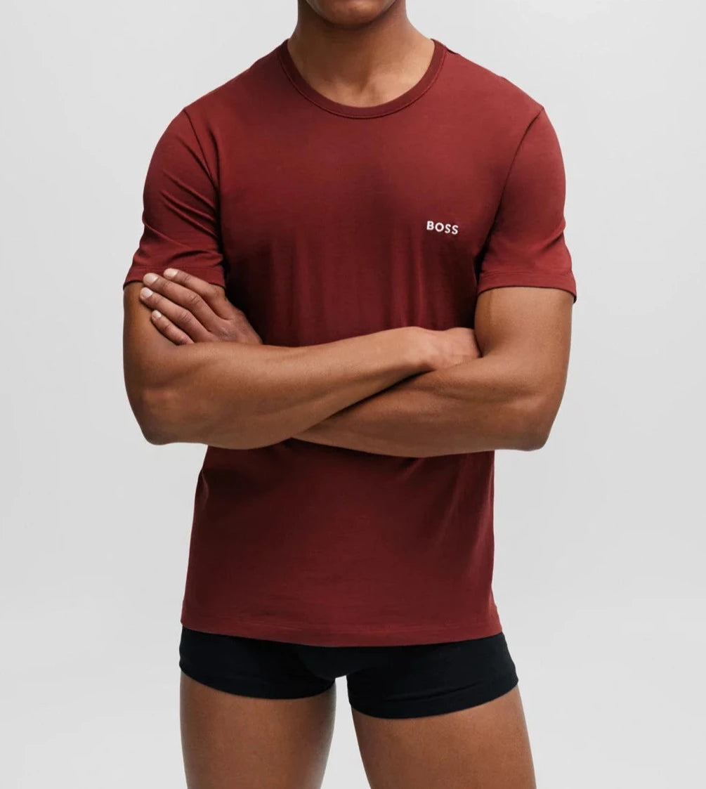 Boss 3 Pack Regular Fit Cotton T-Shirts Logo Embroidered - Burgundy/White/Black