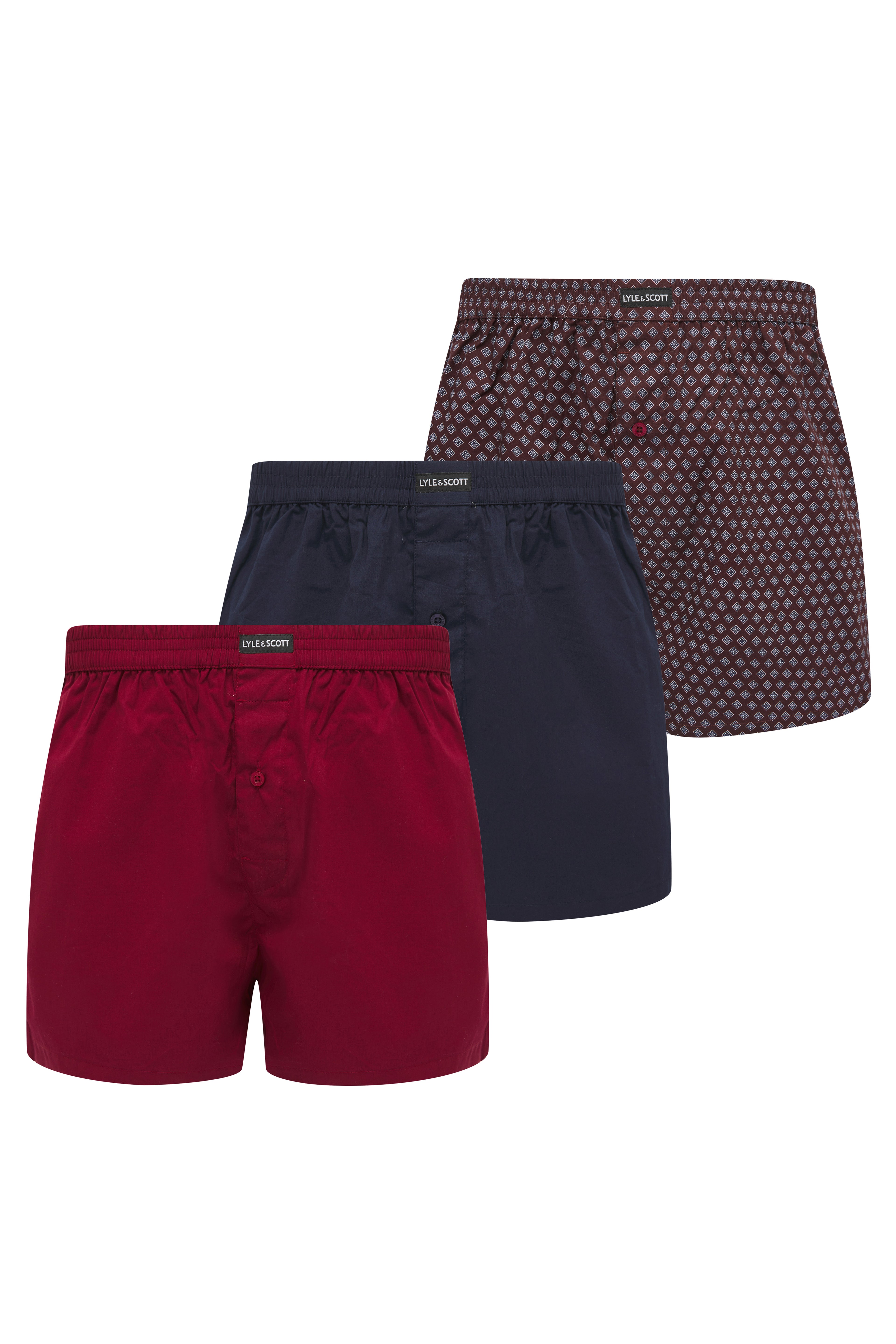 Lyle & Scott 3 Pack Men's Darwin Woven Boxers - Peacoat/AOP/Ruby Wine