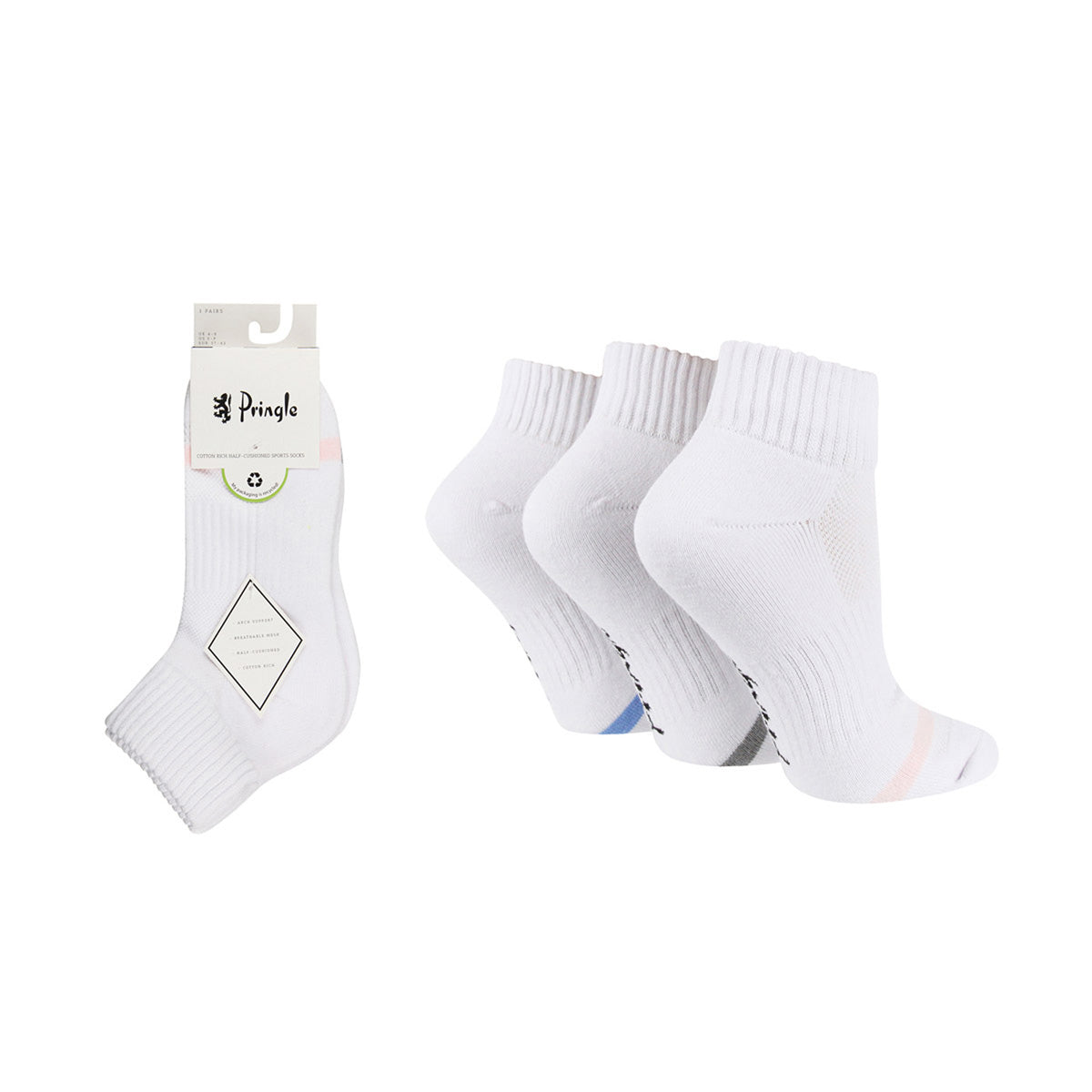 Pringle 3 Pack Quarter Length Cotton Sport Socks Ladies