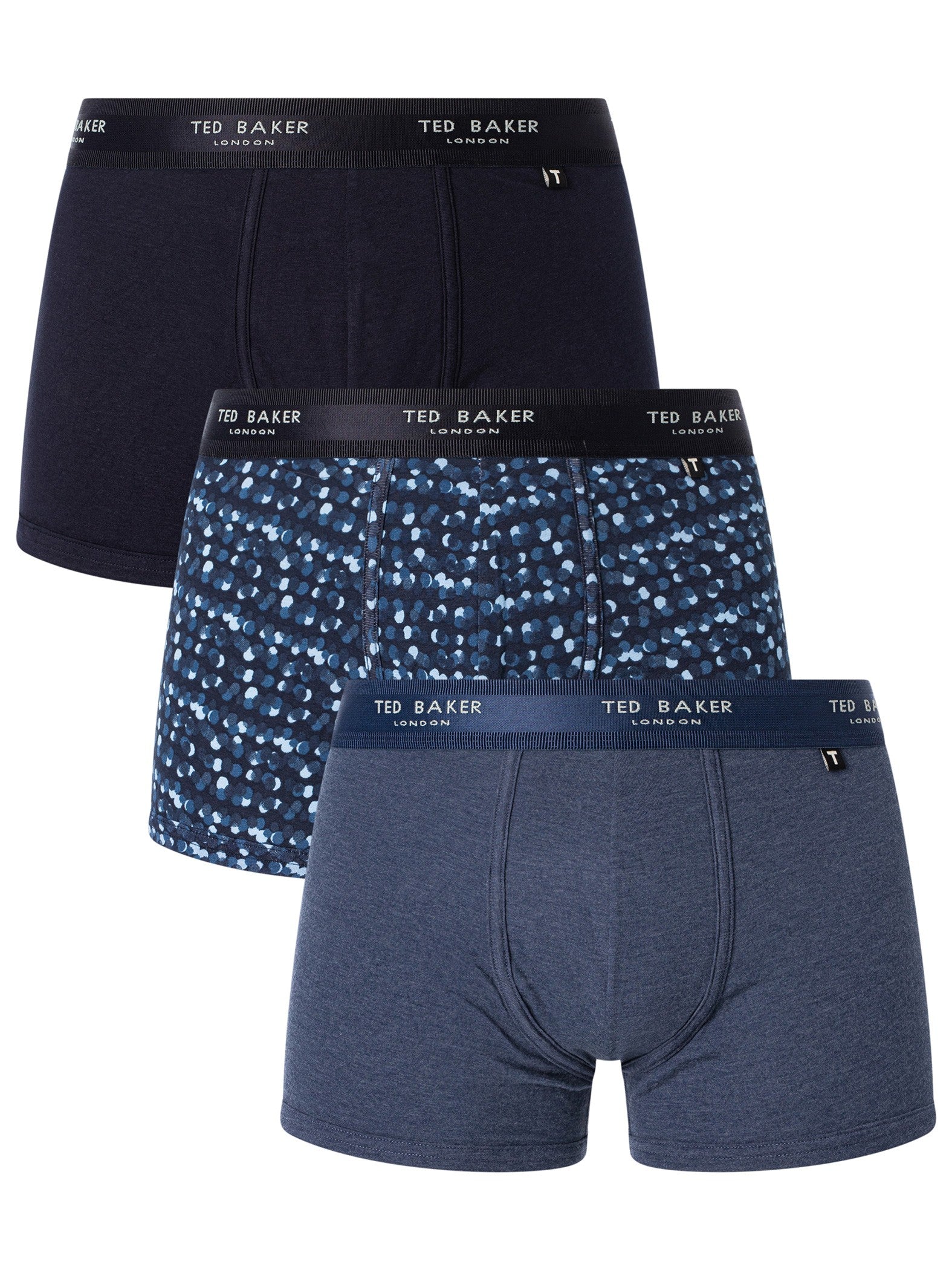 Ted Baker 3 Pack Cotton Stretch Fashion Trunks - Navy/Dark Denim/Demios Spot