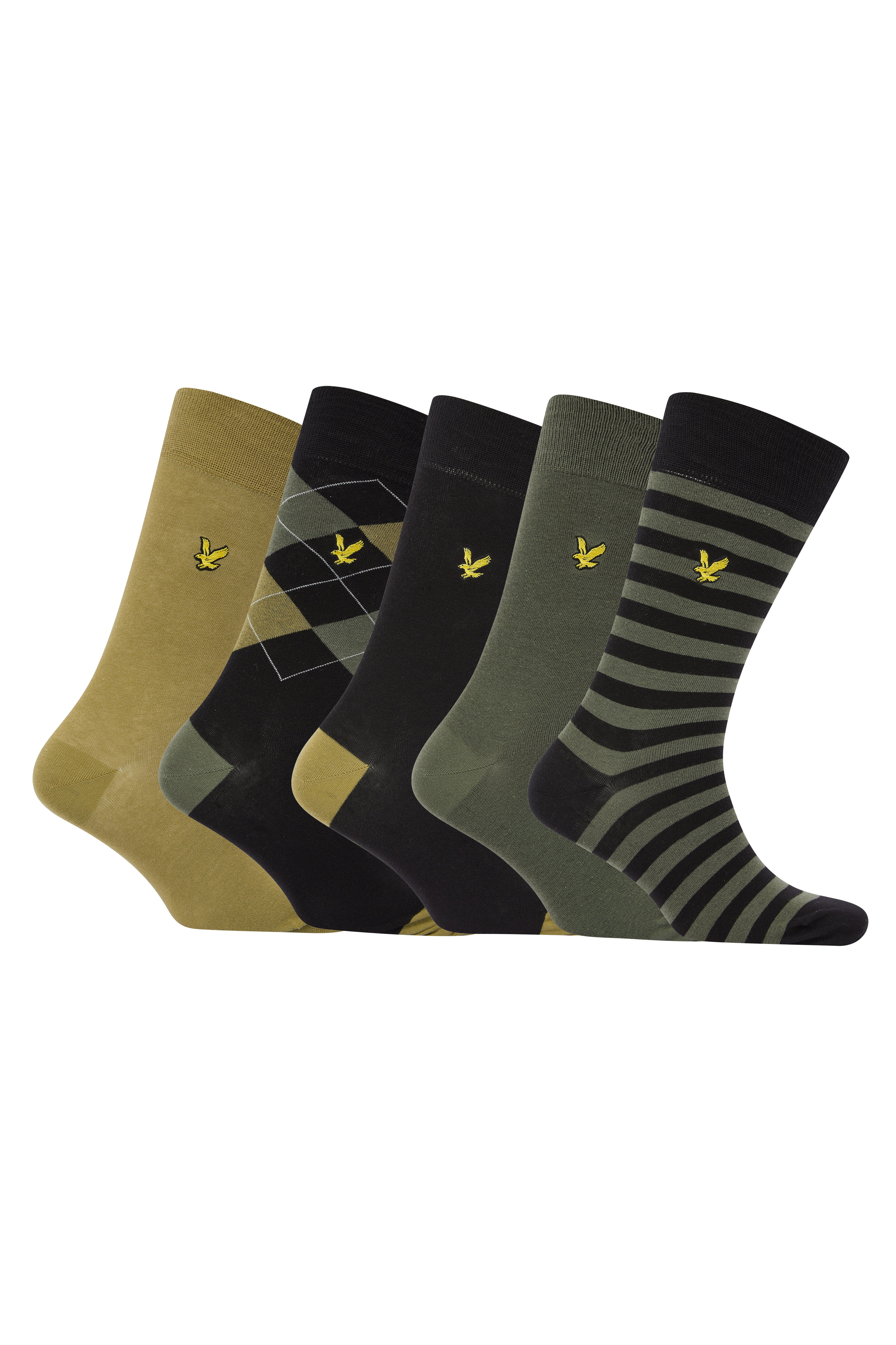 Lyle & Scott 5 Pack Mix Crew Socks - Argyle/Dark Olive/Stripe/Black