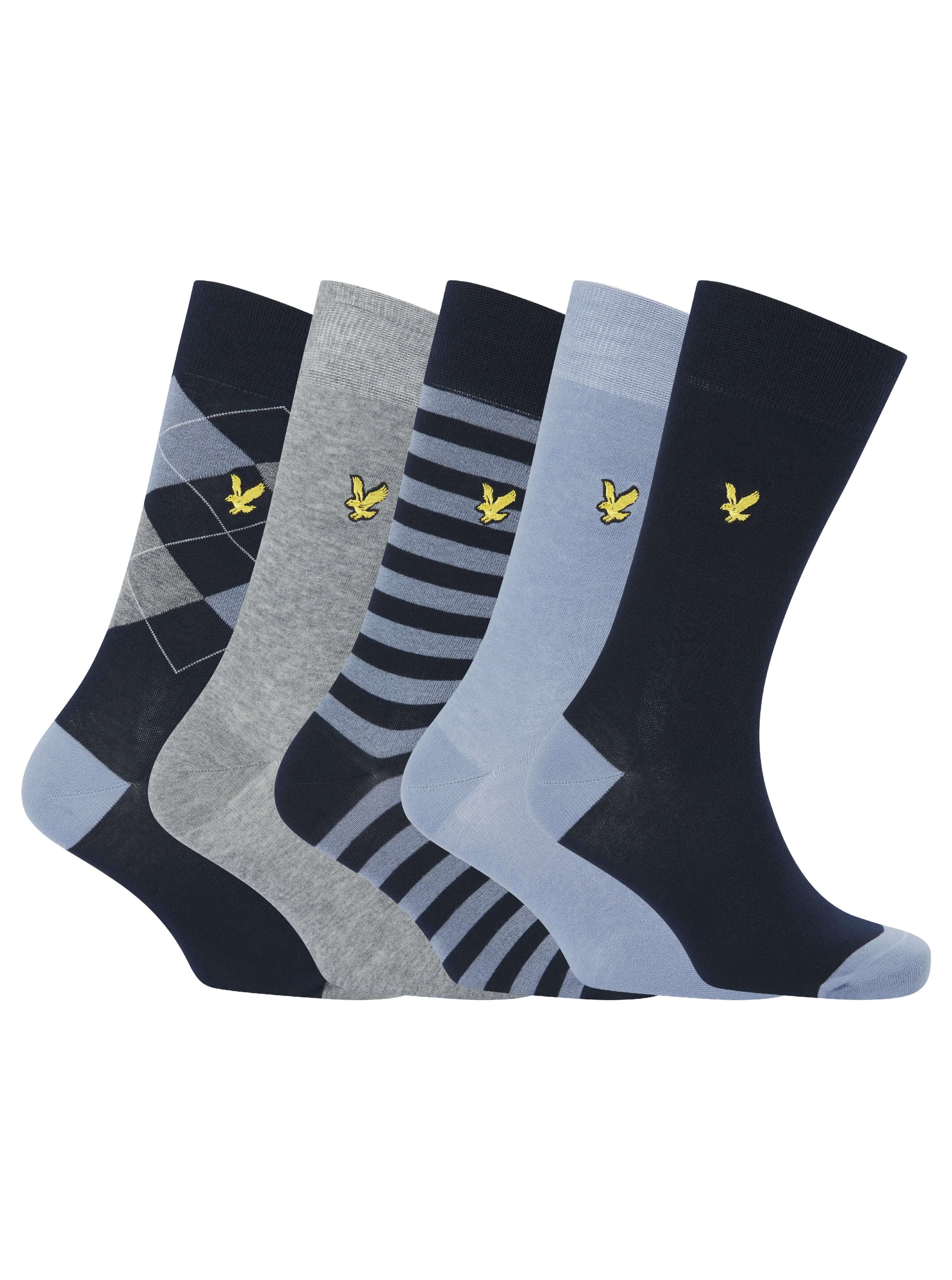 Lyle & Scott 5 Pack Mix Crew Socks - Argyle / Grey / Stripe / Tempest / Peacoat