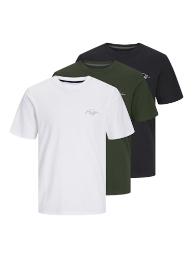 Jack & Jones 3 Pack JJFERRIS Crew Neck T-Shirts - Green/Black/White