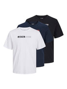 Jack & Jones 3 Pack JJECORP Crew Neck T-Shirts - White/Navy/Black (Logo Tee Play)