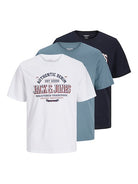 Jack & Jones 3 Pack JJELOGO Crew Neck T-Shirts - Blue/White/ Dark Navy