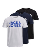 Jack & Jones 3 Pack JJECORP Crew Neck T-Shirts - White/Navy/Black Big Logo