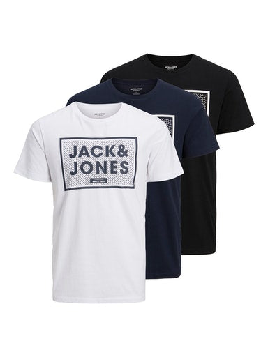 Jack & Jones 3 Pack Logo Crew Neck T-Shirts - NavyBlazer/White/Black