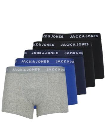 Jack & Jones Jacbasic 5 Pack Cotton Stretch Trunks - Blue / Grey / Black