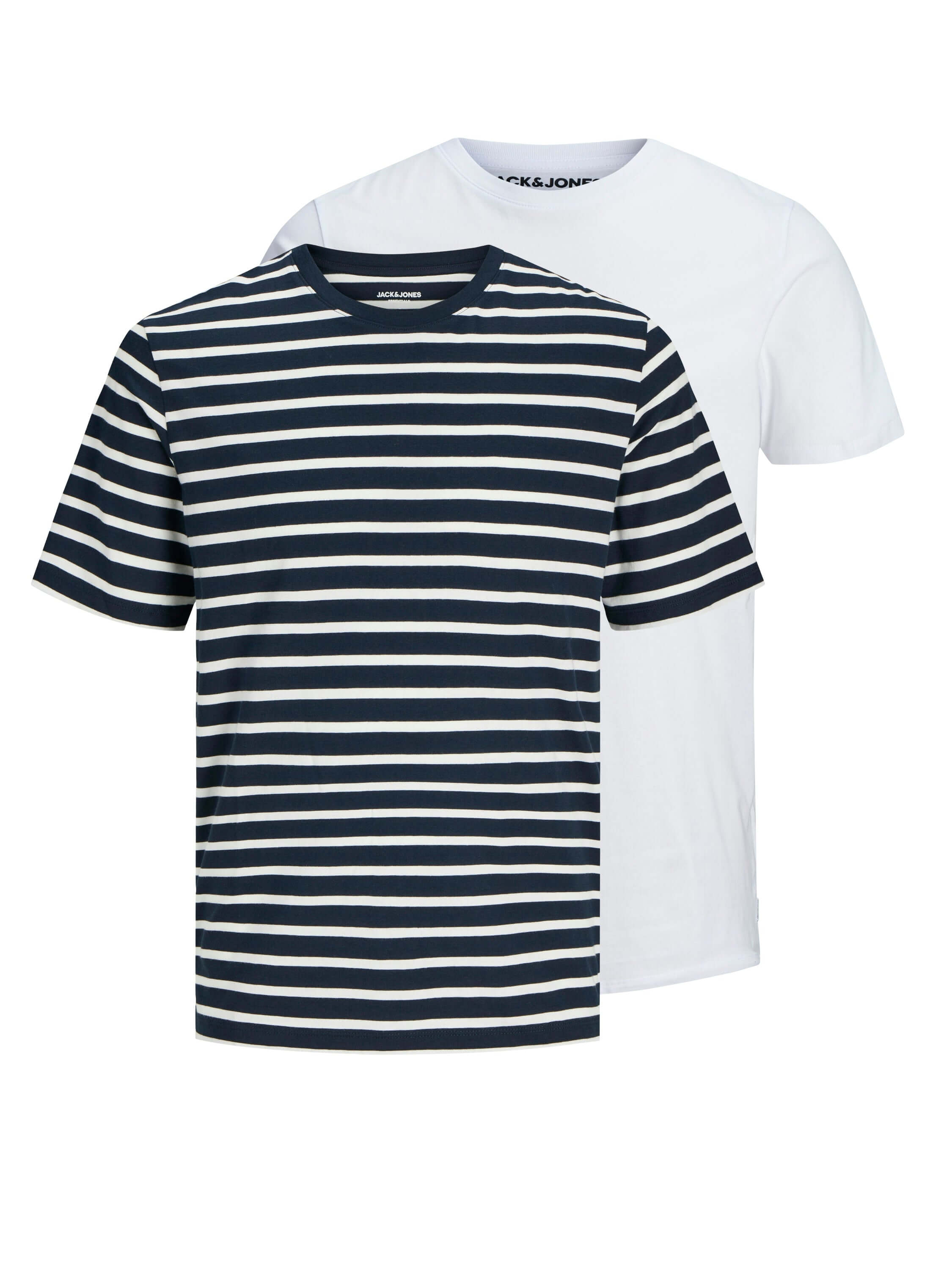 Jack & Jones 2 Pack JJEORGANIC Crew Neck T-Shirts - White/Navy Stripes