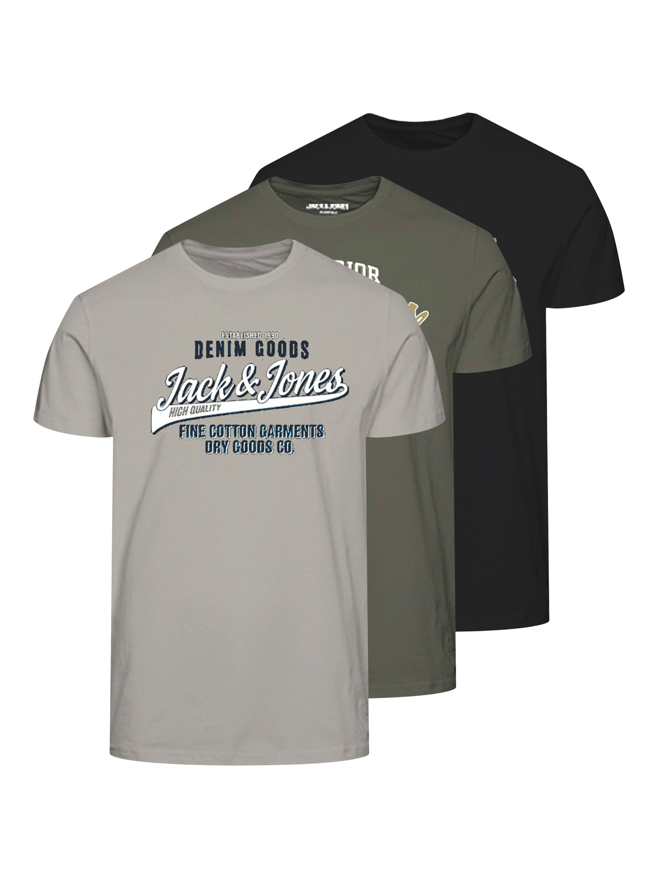 Jack & Jones 3 Pack JJETHAN Crew Neck T-Shirts - Olive/Black/Moonbeam