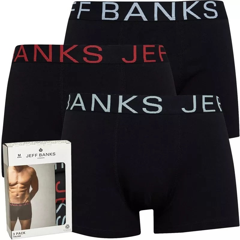 Jeff Banks Men's 3 Pack Black Cotton Fashion Trunks - Black with Coloured Waistbands