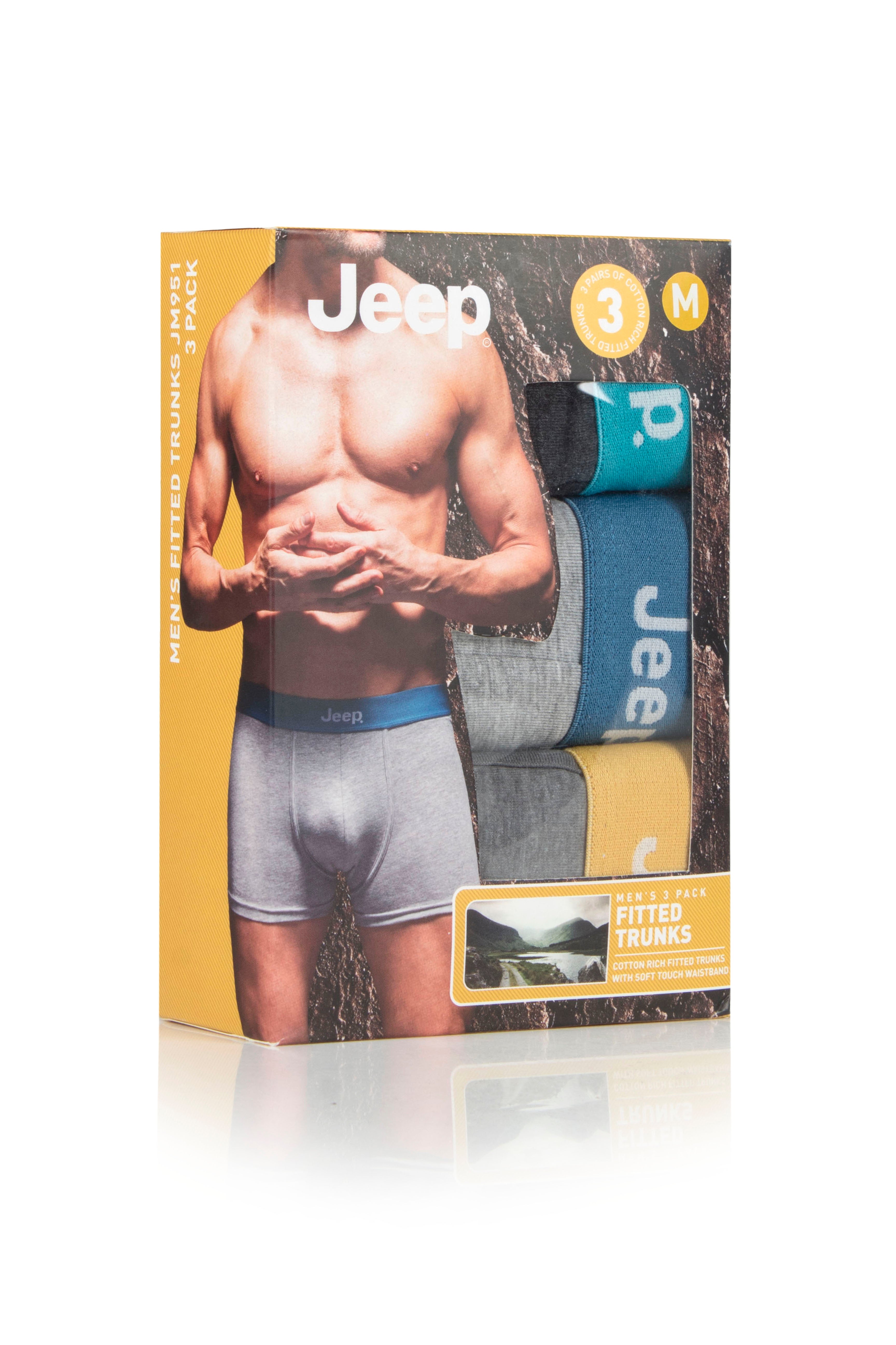 Jeep 3 Pack Mens Cotton Stretch Underwear Hipster Trunks - Black/Grey/Charcoal